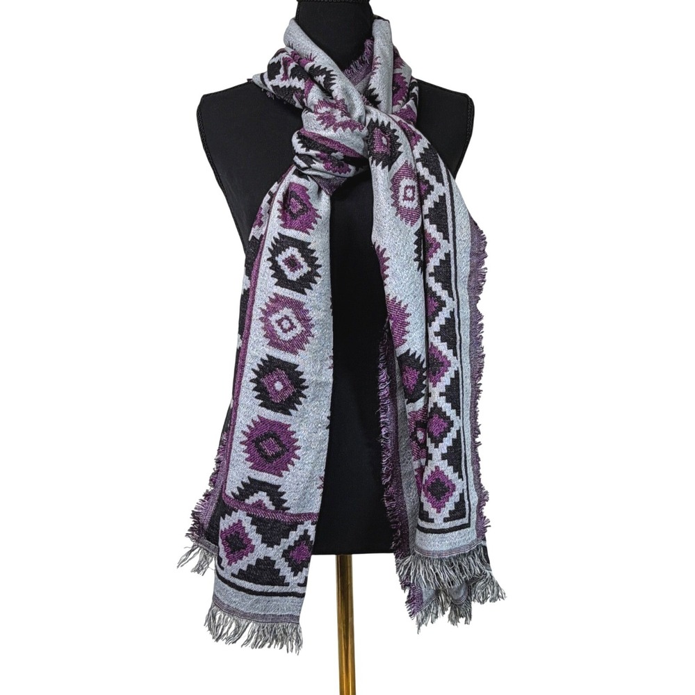 NWT Anna & Ava Gray Purple Fringe Scarf Southwest‎ Aztec Bohemian Blanket Wrap